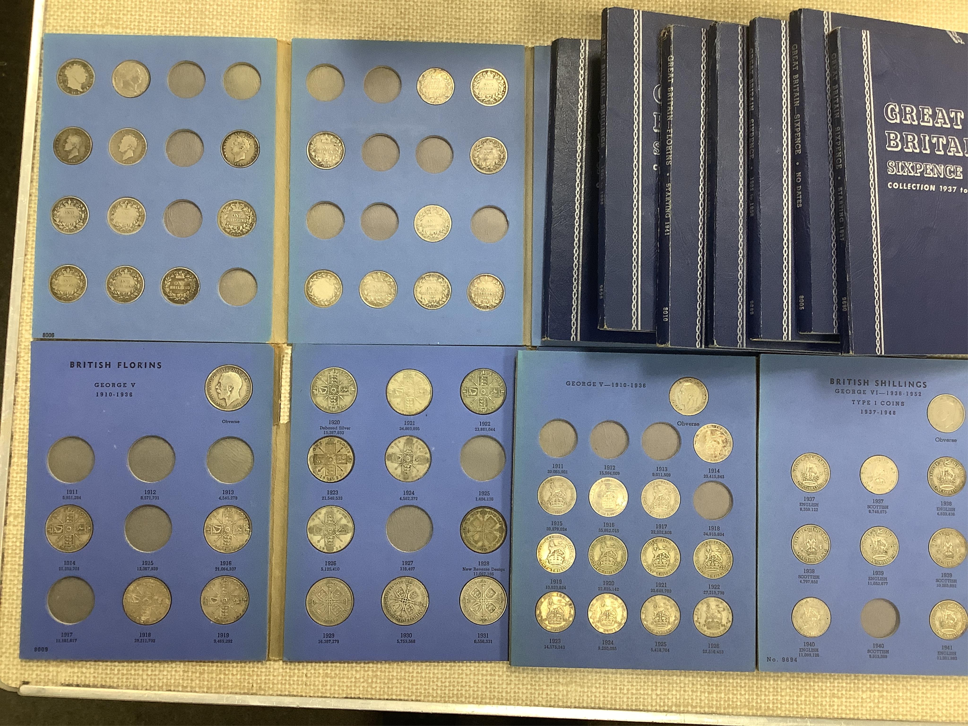 British silver and cupronickel coins, George IV to Elizabeth II, Florins, shillings and sixpences, various grades, incomplete in coin folders